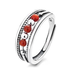 RIJPEX S925 Sterling Silber Kreativen Süden Rot Runde Perle Ring, Einfache Drehung Viel Glück Offener Ring,Silber,8 von RIJPEX