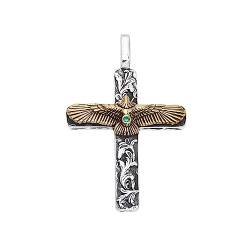 RIJPEX S925 Sterling Silber Stroh Kreuz Anhänger, Gold Adler Mit Grünen Zirkonia Sterling Silber Anhänger Halskette,Silber,Pendant + Chain 50cm von RIJPEX