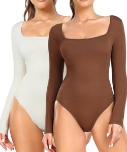 RIOJOY 2er Pack Damen Langarm Body Elegant U-Ausschnitt Bodysuit Oberteil Braun Beige L von RIOJOY