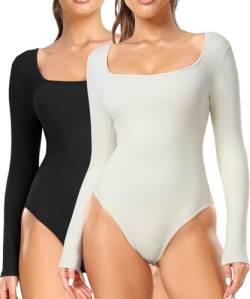 RIOJOY 2er Pack Damen Langarm Body Elegant U-Ausschnitt Bodysuit Oberteil Schwarz Beige S von RIOJOY