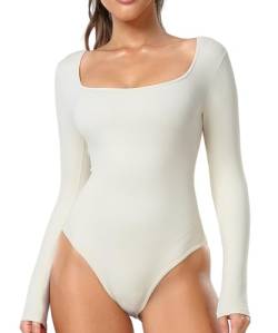 RIOJOY Body Damen Langarm Elegant U-Ausschnitt Bodysuit Shapewear Oberteil Tops für Alltag Beige L von RIOJOY