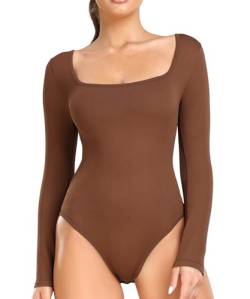 RIOJOY Body Damen Langarm Elegant U-Ausschnitt Bodysuit Shapewear Oberteil Tops für Alltag Braun M von RIOJOY