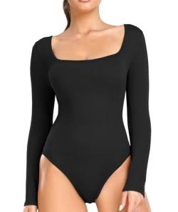 RIOJOY Body Damen Langarm Elegant U-Ausschnitt Bodysuit Shapewear Oberteil Tops für Alltag Schwarz M von RIOJOY