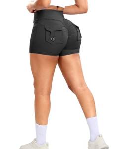 RIOJOY Damen Gym Shorts Booty Scrunch Sport Shorts V Cross Waist Kurze Leggings Hose mit Tasche Schwarz XL von RIOJOY