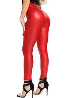 RIOJOY Damen High Waist Lederleggings Schwarz Kunstleder Leggins Sexy Lederoptik Leggings Hose, Rot 4XL von RIOJOY