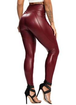 RIOJOY Damen High Waist Lederleggings Sexy Lederoptik Leggings Kunstleder Leggins Hose mit Seitentasche, Rot XL von RIOJOY