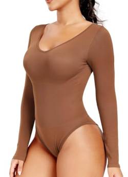 RIOJOY Damen Langarm Body Elegant V-Ausschnitt Sexy Bodysuit Shapewear Oberteil für Alltag Braun M von RIOJOY