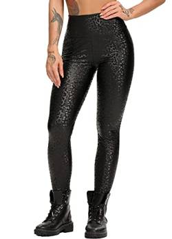 RIOJOY Damen Leder Leggings High Waist Lederhose Sexy Lederoptik Leggins mit Leichtem Flaum, Schwarz Leoparden 40/42 von RIOJOY