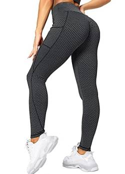 RIOJOY Damen Push Up Leggings mit Taschen, High Waist Anti Cellulite Booty Leggings für Sport Yoga Fitness, Schwarz XL von RIOJOY