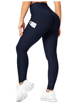 RIOJOY Damen Push Up Leggings mit Taschen, High Waist Anti Cellulite Booty Leggins für Sport Yoga Fitness, Dunkelblau L von RIOJOY