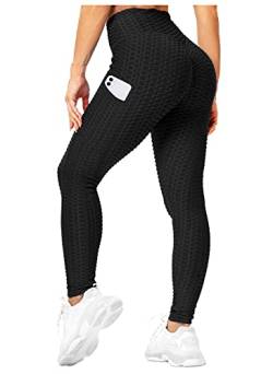 RIOJOY Damen Push Up Leggings mit Taschen, High Waist Anti Cellulite Booty Leggins für Sport Yoga Fitness, Schwarz XXL von RIOJOY