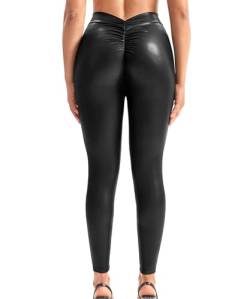 RIOJOY Leder Leggings Damen V Rücken Scrunch Butt Lederhose Sexy Leggins aus Kunstleder, Schwarz M von RIOJOY