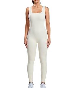 RIOJOY Sport Jumpsuit Damen Eng Ärmellos Tank Top Romper Gerippt Einteiler Outfits für Yoga Workout Alltag, Cremeweiß L von RIOJOY