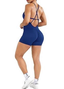 RIOJOY Sport Jumpsuit Damen Kurz Sommer Gepolstert Romper Shorts Sexy Rückenfrei One Piece Overall Outfits, Dunkelblau L von RIOJOY