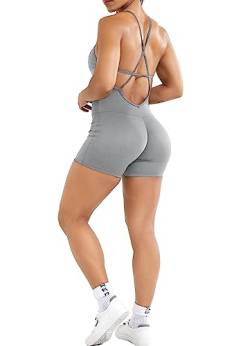 RIOJOY Sport Jumpsuit Damen Kurz Sommer Gepolstert Romper Shorts Sexy Rückenfrei One Piece Overall Outfits, Hellgrau M von RIOJOY