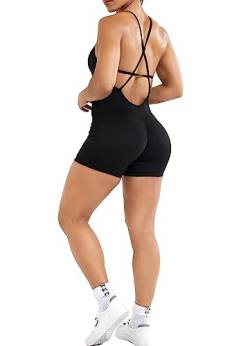 RIOJOY Sport Jumpsuit Damen Kurz Sommer Gepolstert Romper Shorts Sexy Rückenfrei One Piece Overall Outfits, Schwarz M von RIOJOY