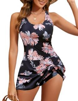 RITOSTA Badeanzug Damen Bauchweg Push Up Tankini Bademode Sexy Schwimmanzug Shape Badeanzüge Einteilige Monokini Strandkleid Vintage Swimsuits Badekleid mit Rock (Schwarzer Druck,M) von RITOSTA