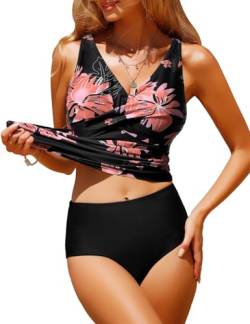 RITOSTA Bikini Badeanzug Damen Bauchweg Tankini Push Up Bikini Set High Waist Bademode Twist Front Zweiteiliger Badeanzüge V Ausschnitt Bikinis für Frauen Swimsuits (Blume schwarz,S) von RITOSTA