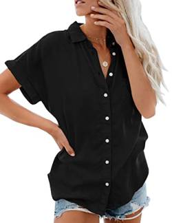 RITOSTA Damen Bluse Shirt Sommer Elegant V-Ausschnitt Hemden Kurzarm Casual Arbeit Oberteile mit Knöpfen Hemd Lose Einfarbig Tunika Tops für Frauen(Schwarz,S) von RITOSTA