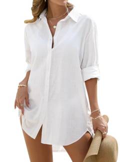 RITOSTA Strandkleid Damen Baumwolle Strandtunika Sommer Strandkleider Button Down Strandponcho Badeanzug Bikini Cover Up Strandurlaub V Ausschnitt Kleid Bademode Strand Vertuschen (Weiß,L) von RITOSTA