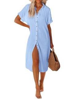 RITOSTA Strandkleid Damen Lang Strandtunika Strandkleider Sommer Kaftan Strandponcho Tunika Kleid Strandurlaub Bikini Cover Up mit Tasten Bluse Hemd Freizeitkleid(Blau,S) von RITOSTA