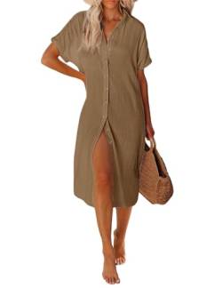 RITOSTA Strandkleid Damen Lang Strandtunika Strandkleider Sommer Kaftan Strandponcho Tunika Kleid Strandurlaub Bikini Cover Up mit Tasten Bluse Hemd Freizeitkleid (Braun,M) von RITOSTA