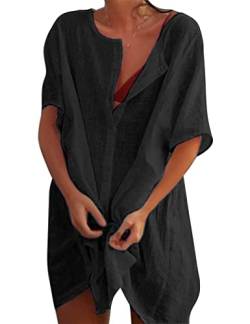 RITOSTA Strandkleid Damen Rund Ausschnitt Strandtunika Strandkleider Sommer Strandponcho Badeanzug Bikini Cover Up Strandurlaub Baumwolle Kleid Bademode Strand Vertuschen (Schwarz,M) von RITOSTA