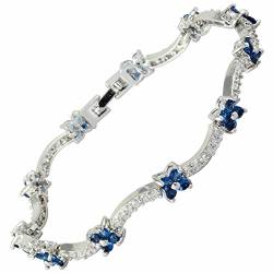 RIVA Blume Tennis Armband [18cm/7inch] mit Rundschliff Edelstein Zirkonia CZ [Blau Saphir] in 18K Weißgold Vergoldet, Einfache Moderne Eleganz von RIVA