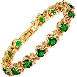 RIVA Blume Tennis Armband [18cm/7inch] mit Rundschliff Edelstein Zirkonia CZ [Grün Smaragd] in 18K Gelbgold Vergoldet, Einfache Moderne Eleganz von RIVA