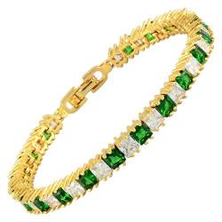 RIVA Eiswürfel Tennis Armband [18cm/7inch] mit Prinzessschliff Edelstein Zirkonia CZ [Grün Smaragd] in 18K Gelbgold Vergoldet, Einfache Moderne Eleganz von RIVA