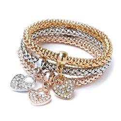 RIXERKOC 3er Set Gold/Silber/Roségold Maiskettchen Armband, Kristall Mehrschicht Charm Armband für Frauen und Mädchen von RIXERKOC