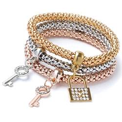 RIXERKOC 3er Set Gold/Silber/Roségold Maiskettchen Armband, Kristall Mehrschicht Charm Armband für Frauen und Mädchen von RIXERKOC