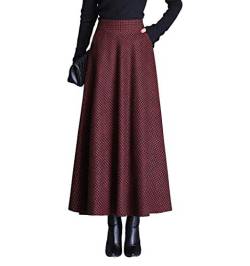 Damen Lang Rock Winter Warm Wollrock Vintage Elegante Gitter Rock Casual Winterrock Elastische Taille A-Linie Midi Rock Hohe Taille Rock Faltenrock Rotwein-L von RIZ-ZOAWD