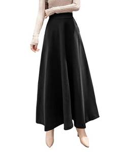 Damen Lang Rock Winter Warm Wollrock Vintage Elegante Gitter Rock Casual Winterrock Elastische Taille A-Linie Midi Rock Hohe Taille Rock Faltenrock Schwarz-M von RIZ-ZOAWD