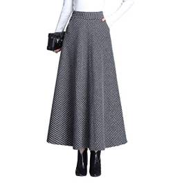 Damen Lang Rock Winter Warm Wollrock Vintage Elegante Gitter Rock Casual Winterrock Elastische Taille A-Linie Midi Rock Hohe Taille Rock Faltenrock Schwarz-S von RIZ-ZOAWD