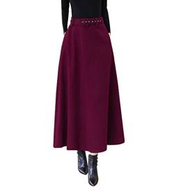 Damen Rock Lang Winterrock Wollrock Warm Hohe Taille Elegante Vintage Rock Casual A-Linie Maxi Rock Faltenrock (L, Rotwein) von RIZ-ZOAWD