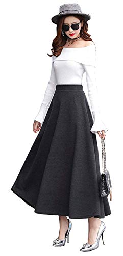 Rock Damen Lang Winterrock Retro Elegante Hohe Taille Wollrock A Linie Elastische Taille Warm Maxi Röcke Ausgestelltem Feste Farbe Faltenrock S von RIZ-ZOAWD