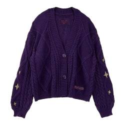 RJICVUF Damen Herbst und Winter Strickjacke Langarm Knopfpullover Strickpullover Lila Pullover(Purple,3XL-4XL) von RJICVUF