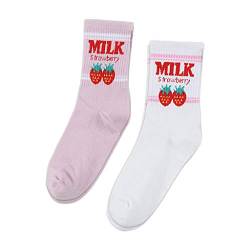 RK-HYTQWR 2 Paar Kawaii Sweet Milk Strawberry Frauen Mädchen Unisex Socken Harajuku Candy Farbe, Street Hip-Hop Socken, Weiß, Pink von RK-HYTQWR
