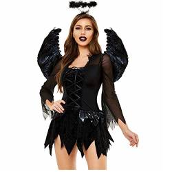 Damen Sexy gefallene Engelkostüme 3-teiliges Outfit Cosplay Korsett Kurz Minikleid Flügel Clubwear Halloween Kostüm, Schwarz , 42 von RKaixuni