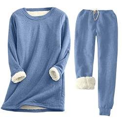 Fleece-Sweatanzug für Damen, 2-teiliges Outfit, Rundhalsausschnitt, Sweatshirts, Pullover, Sherpa-gefüttert, lange Hosen-Sets, Loungewear, blau, 46 von RKaixuni