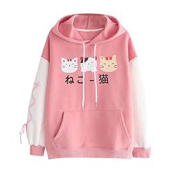 Frauen Katze Hoodie Japanische Kawaii Hoodies Sweatshirts für Teenager Mädchen Langarm Pullover Winter Herbst Tops Shirts, rose, XL von RKaixuni