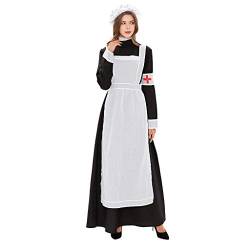 Halloween-Kostüme für Frauen, 3-teiliges Outfit, mittelalterliches Krankenschwester-Kostüm, Dienstmädchen-Kleid, Nonne, Cosplay-Kleidung, Maxi-Lange Kleider, Schwarz , 38 von RKaixuni
