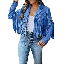 RKaixuni 2024 Damenjacke mit Fransen, Wildleder, Kunstleder, Vintage, Westernjacke, trendiger Mantel, 90er-Jahre-Stil, Hippie-Kleidung, Rave-Outfit, blau, 36 von RKaixuni