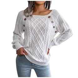 RKaixuni Damen Elegante Puffärmel Pullover Zopfstrick Casual Langarm Pullover Winter Herbst Tops Pullover Shirts Knopf Deco, weiß, Small von RKaixuni