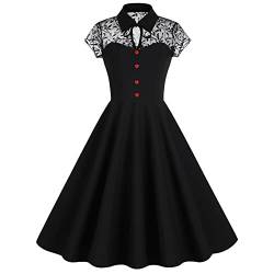 RKaixuni Damen-Kleid im klassischen 1950er-Jahre-Stil, mit Reverskragen, Netzstoff, kurzärmelig, plissiert, Hochzeitsgästekleider, Schwarz , L von RKaixuni