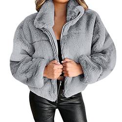 RKaixuni Damen KunstfellJacke Cropped Jacke Winterjacke Hooded Teddy Coat Wintermantel mit Reißverschluss Taschen Jacke Stehkragen Tunika Langarm Outdoorjacke Winter Fleecejacke von RKaixuni