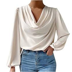 RKaixuni Damen Satin Seide Drapiert Wasserfallkragen Rüschen Langarm Crop Tops Elegant Casual Bluse Shirt Frühling Mode 2023, beige, Small von RKaixuni