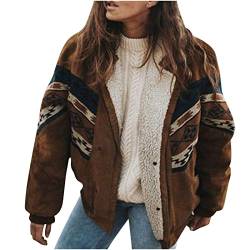 RKaixuni Damen Western Aztec Sherpa Jacken Winter Warm Mantel Casual Reißverschluss Langarm Bomberjacken Vintage Fleece Oberbekleidung, braun, 38 von RKaixuni