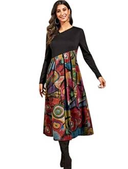 RLLJS Damen Kleid Lange Langes Ärmel Bedruckte Oberteile Basic Herbst Winter Schlankes Kleid (S-3XL) von RLLJS